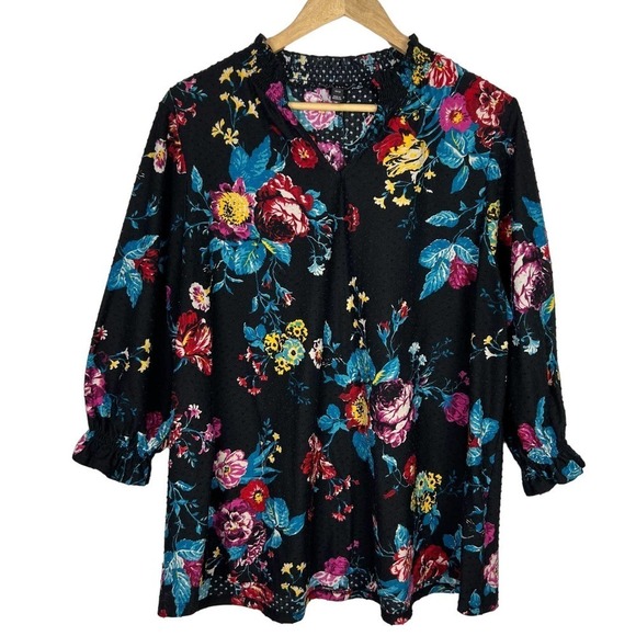 Lane Bryant 18/20 Beautiful Clip Dot Black Blouse w Red, Yellow & Blue Flowers - Picture 1 of 8